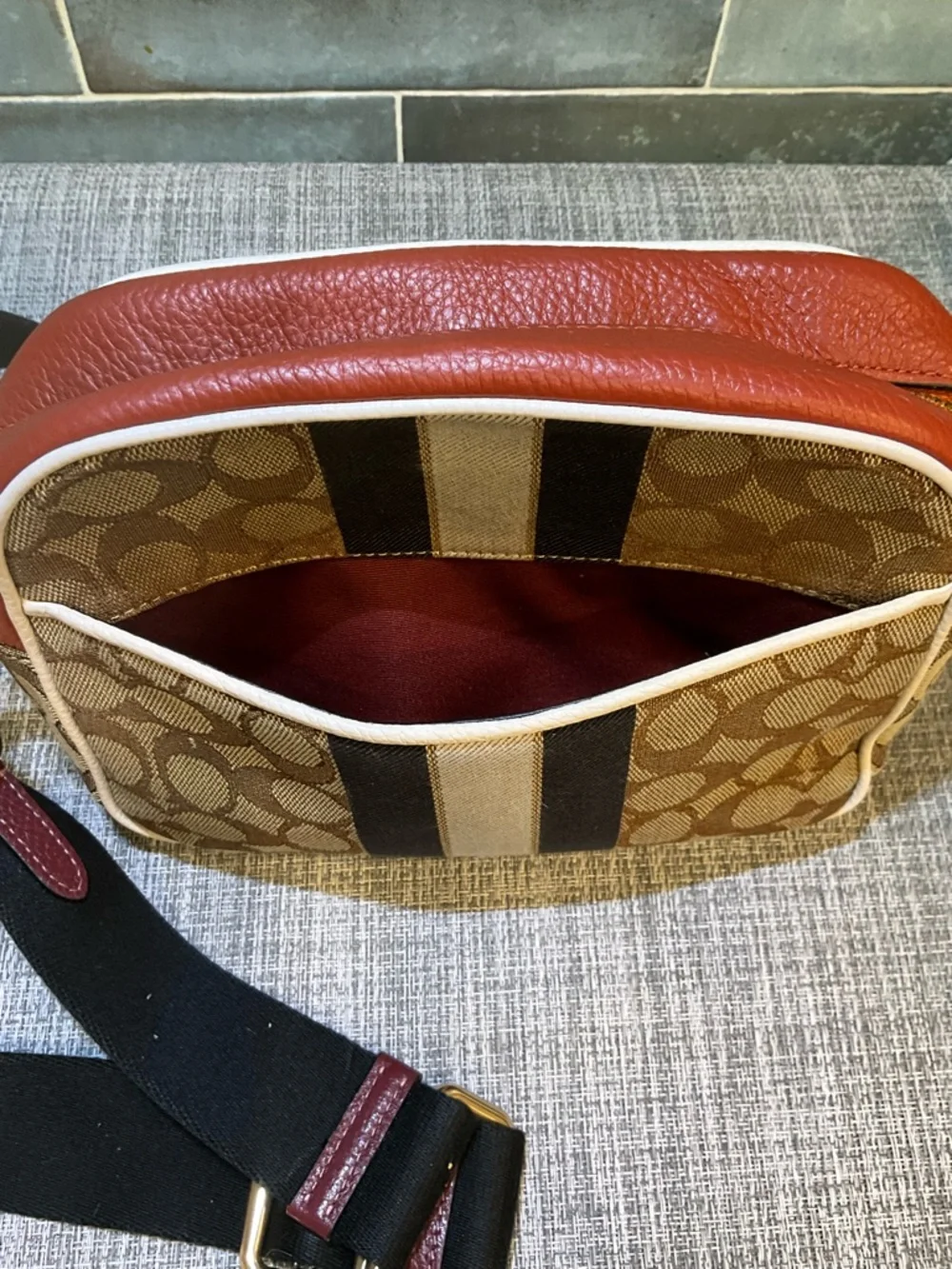 Coach Dempsey Camera Bag In Signature Jacquard w/Orange Coach Patch